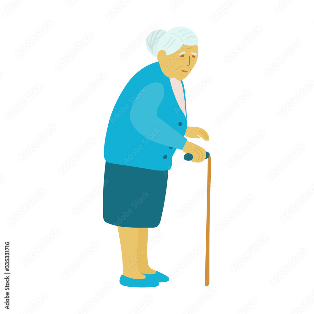 Senior woman isolated on white background. Grandma with a walking cane. Vector illustration of an elderly woman character in flat cartoon style. Full length portrait. Senior woman isolated on white background. Grandma with a walking cane. Vector illustration of an elderly woman character in flat cartoon style. Full length portrait.