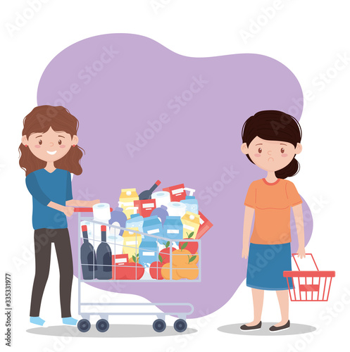 woman with full shopping cart and another worried with empty basket, excess purchase