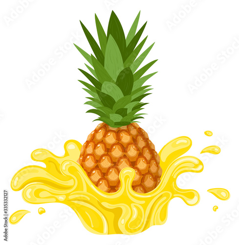 Fresh pineapple yellow juice splash burst isolated on white background. Summer fruit juice. Vector illustration for any design.