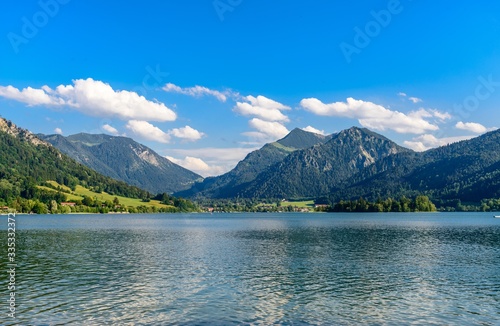 Schliersee  Bavaria  Bayern  Germany. Beautiful view on lake with alps mountains  blue sky with clouds. 