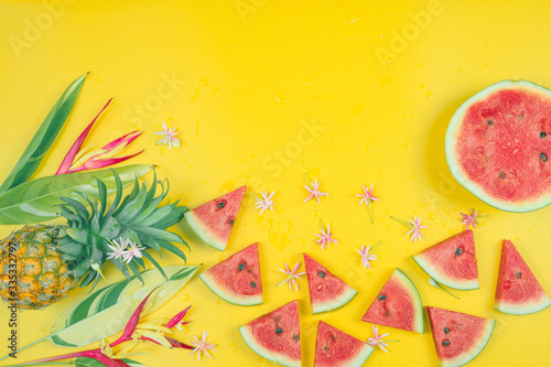web banner and minimal flat lay creative design for group of summer fruits with fresh watermelon,pine apple and heliconia tropical flower on pastel color background