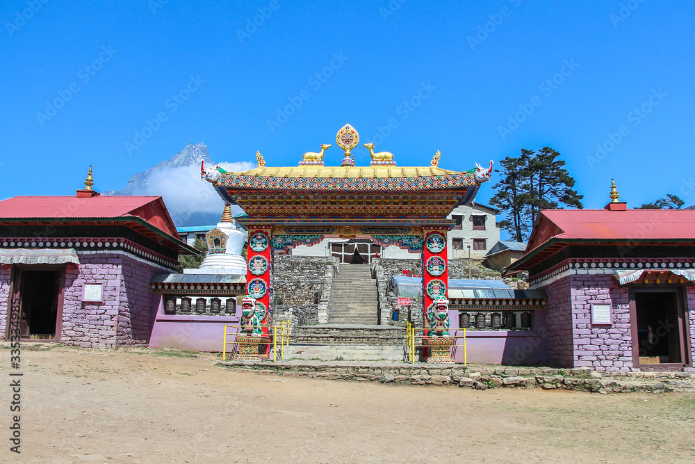 Naklejka premium Tengboche Monastery (or Thyangboche Monastery), also known as Dawa Choling Gompa. View of entrance to the tibetan buddhist monastery of the Sherpa community.