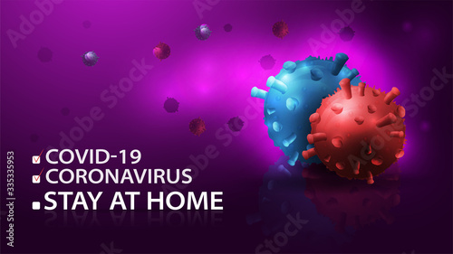 Dark purple background design template with quarantine warning with blue COVID-19 coronavirus molecules and red Coronavirus 2019-nCoV coronavirus Outbreak