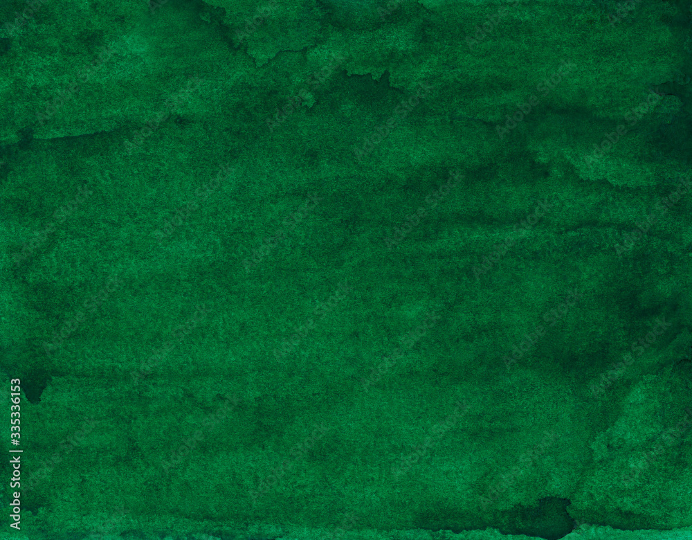 Watercolor deep green background painting. Watercolour abstract dark forest green backdrop. Stains on paper hand painted texture.