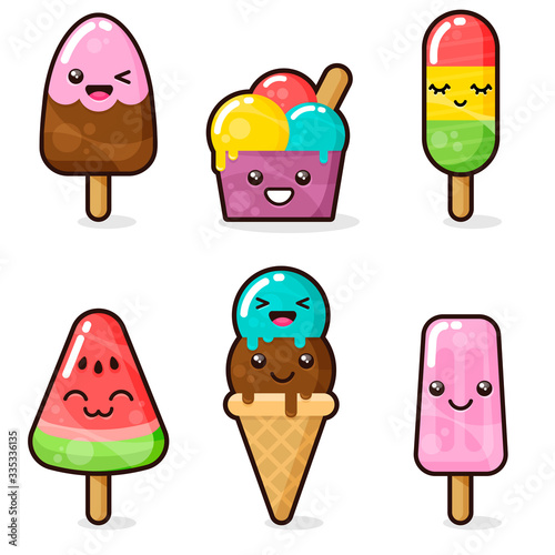 Kawaii ice cream set. Cute cartoon characters on white background