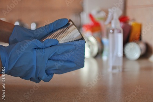 Cleaning products after receiving products from shop. Food home delivery photo