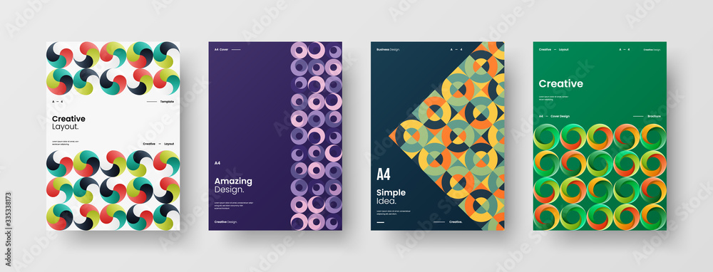 Company identity brochure template collection. Business presentation vector A4 vertical orientation front page mock up set. Corporate report cover abstract geometric illustration design layout bundle.