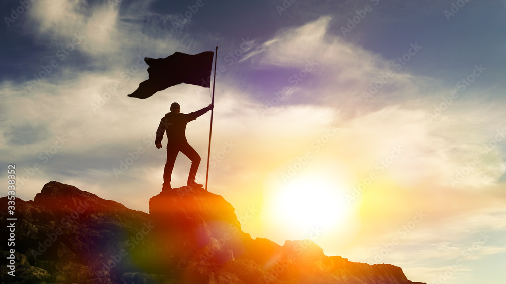 Man with flag on top of the mountain against the sky. Concept business ideas, success and achievement, winner leader. - obrazy, fototapety, plakaty 