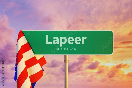 Lapeer – Michigan. Road or Town Sign. Flag of the united states. Blue Sky. Red arrow shows the direction in the city. 3d rendering photo