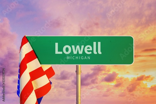 Lowell – Michigan. Road or Town Sign. Flag of the united states. Blue Sky. Red arrow shows the direction in the city. 3d rendering
