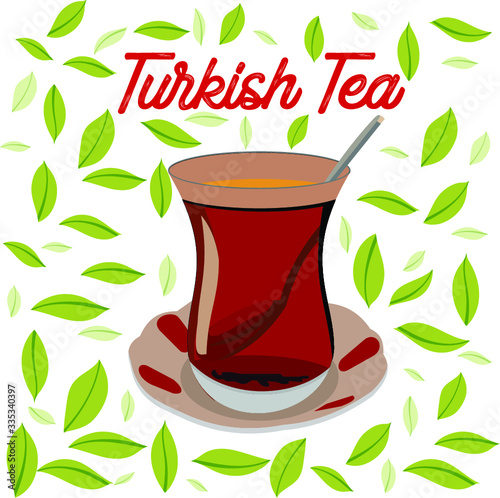 Turkish tea cup vector drawing. Istanbul. A traditional Turkish tea to drink tea. an authentic glass and plate. Enjoying tea in Istanbul Bosphorus. leaf