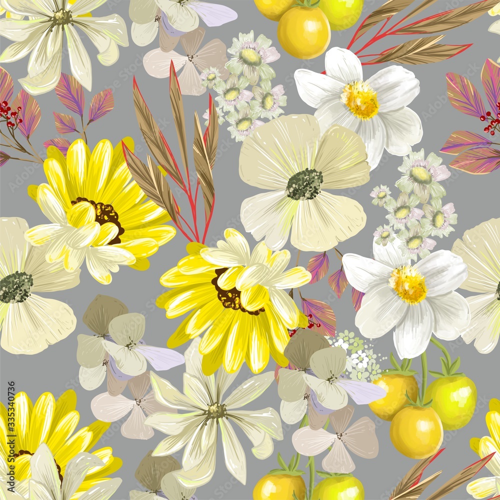 Seamless floral pattern on a grey background with yellow and white flowers and pink leaves. For the fabric, decoration, Wallpaper