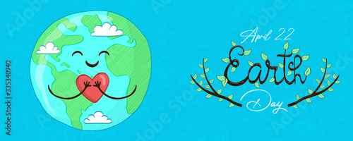 April 22 earth day banner of cute planet with love