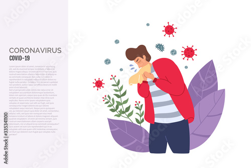 Man coughing in tissue. Boy without face mask. Virus germs spread in the air. Person during respiratory disease. Vector illustration in a flat style