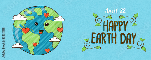 April 22 earth day banner of cute planet with love