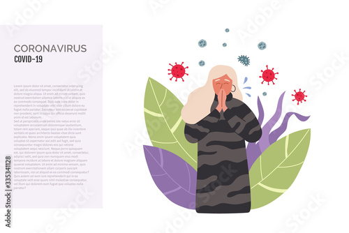 Woman coughing in arm. Girl without face mask. Virus germs spread in the air. Person during respiratory disease. Vector illustration in a flat style