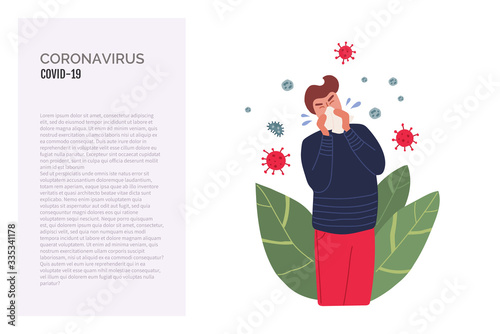 Man coughing in tissue. Boy without face mask. Virus germs spread in the air. Person during respiratory disease. Vector illustration in a flat style