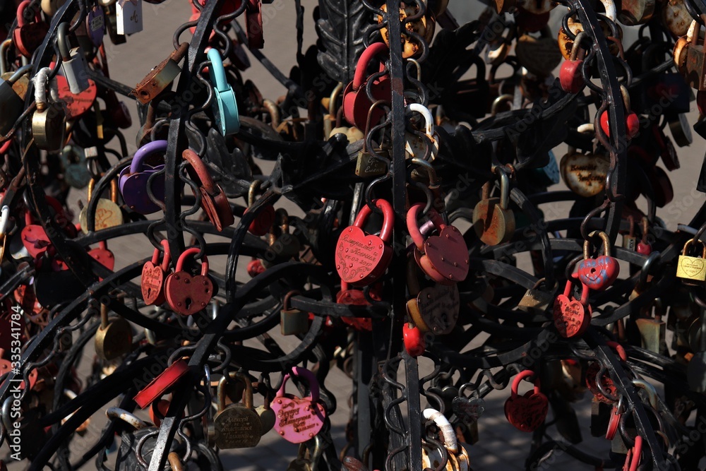 Fototapeta premium Izhevsk / Russia - March 29, 2020: wedding multi-colored key locks.