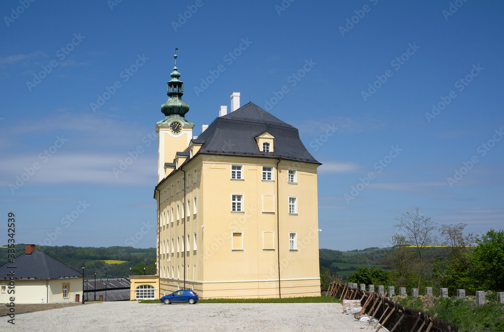 Fulnek castle, Czech Republic / Czechia - May 1, 2020: historical chatea and palace. Beautiful and renovated landmark and monument made in renaissance arctihtecture style.