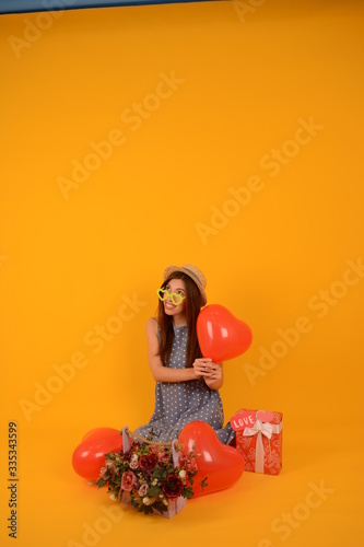 beautiful woman with balloons holiday birthday advertisement