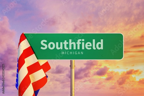 Southfield – Michigan. Road or Town Sign. Flag of the united states. Blue Sky. Red arrow shows the direction in the city. 3d rendering photo