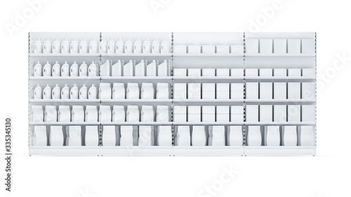 3D image of four Supermarket Shelving Showcase Displays with Shelves with packs staying in full front isometric view in the row on isolated white background. It can be seamless multiplied in one row