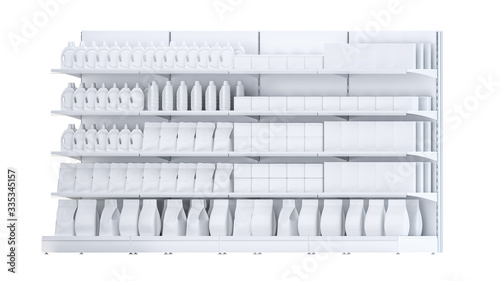 3D image of four Supermarket Shelving Showcase Displays with Shelves with packs staying in right side isometric view in the row on isolated white background. It can be seamless multiplied in one row