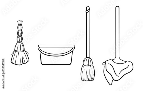 Outline style mop with rag, broom, bucket and besom for cleaning