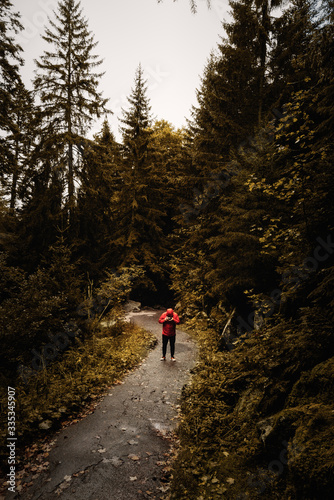 Mann mit roter Jacke steht im Wald auf einem Wanderweg, im Hintergrund Tannen und Laubbäume photo