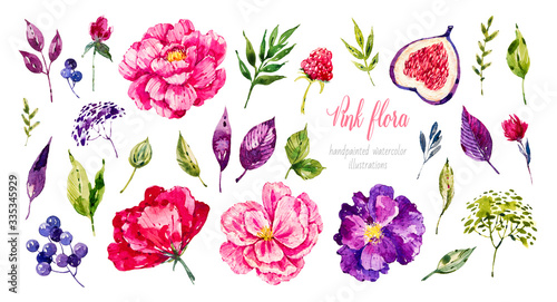 Set of bright blossom flowers. Watercolor botanical illustration. Vintage flower. Flower bouquet. Sketch. Botanic. Green leaves, raspberries, figs, peonies, buds