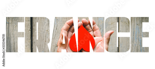 COVID-19 coronavirus. Fill text FRANCE, old, young hands, red heart image cut. Elderly people health. Compassion, dangerous, volunteer, help, chinese virus outbreak, stop sign, stay at home.