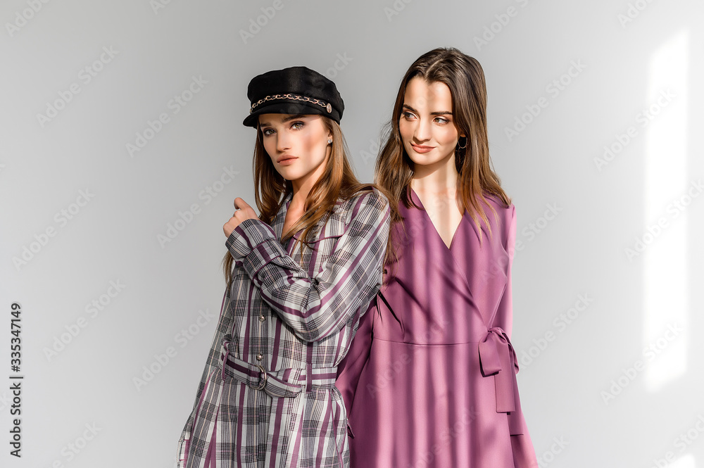 Two attractive girls in dresses on a white background Two attractive girls in dresses on a white background