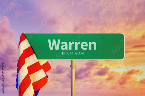 Warren – Michigan. Road or Town Sign. Flag of the united states. Blue Sky. Red arrow shows the direction in the city. 3d rendering photo
