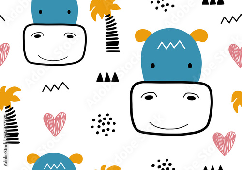 Hippopotamus baby seamless pattern, animal vector background.
