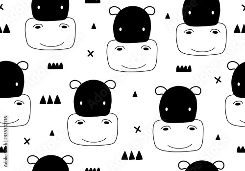 Hippopotamus baby seamless pattern, animal vector background.