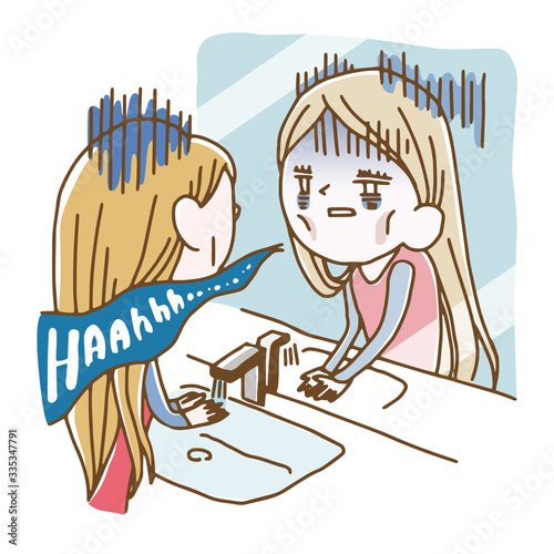 A woman having a reflection meeting alone in the toilet