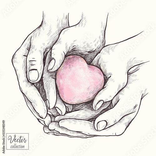 Heart in the hands. The hands of an adult and the hands of a child.
Hands holding a heart. Vector hand drawn illustration.