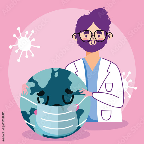 online doctor, physician professional and planet with mask covid 19