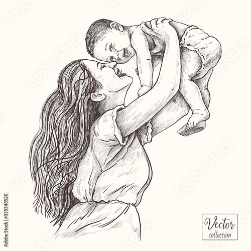 Vector hand drawn illustration. Mother with a baby. Woman holds baby in her arms.