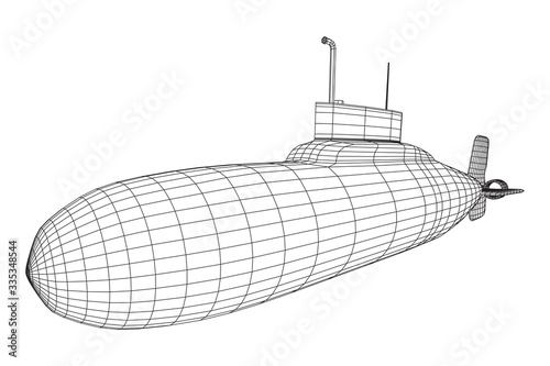 Military atomic submarine underwater boat. Wireframe low poly mesh vector illustration