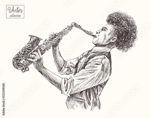 Jazz musician. Saxophonist. Vector hand drawn illustration. Musician. Classy jazzman.