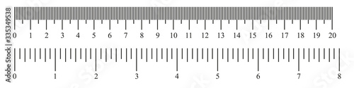 Ruler 20 cm, 8 inch. Set of ruler 20 cm 8 inch. Measuring tool. Scale . Size indicator units. Metric Centimeter, inch size indicators. Vector length measurement scale chart photo