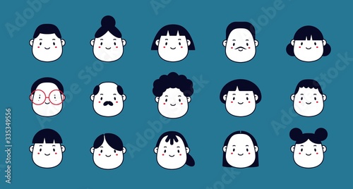 Outline Avatars. Men and Women. Various Haircuts. Minimalistic Icons. Graphic Vector set. White skin. Black hair. Cartoon Asian style. Simple cute design. Every icon is Isolated on blue background