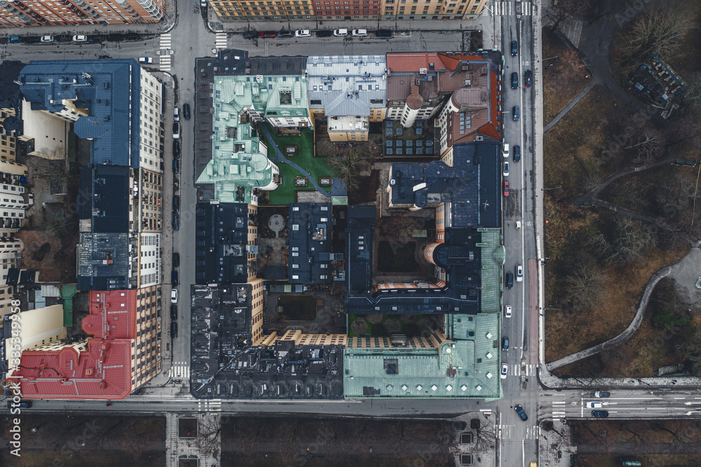 aerial city view buildings