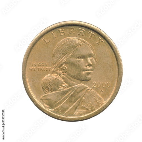 Sacagawea one dollar coin of the United States isolated on a white background. Obverse