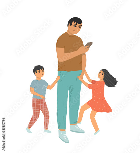 Father does not pay attention to his son and daughter. A busy parent looks at the phone, his children pulls his hand, draws attention to himself. The children is upset. Internet Addiction concept.