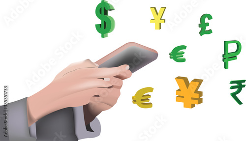 le mani femminili tengono il telefono cellulare fa scambio valute
