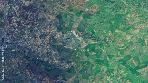 Photovoltaic solar energy plant growth timelapse animation aerial satellite view sunrise in Spain Nunez de Balboa. Images furnished by Nasa photo