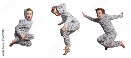 Happy and cheerful boy jumping in various poses on a white background. The movement of life of free children