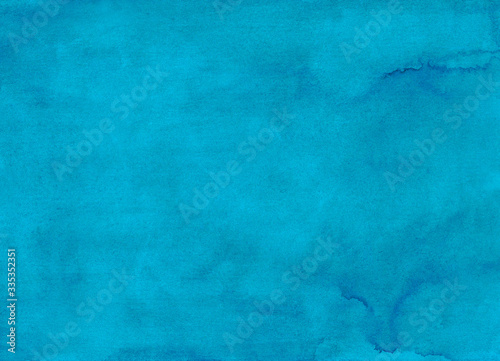 Watercolor calm cyan blue background painting. Aquarelle stains on paper backdrop. 